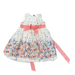 Blueberi Boulevard Dress 4T Girls Floral Swiss Dot Dress Pink Sash Bow White